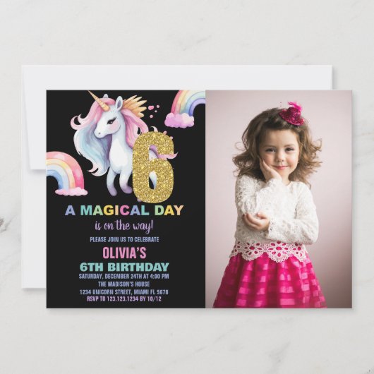 6e Rainbow Unicorn Invitations Anniversaire avec p (Devant)