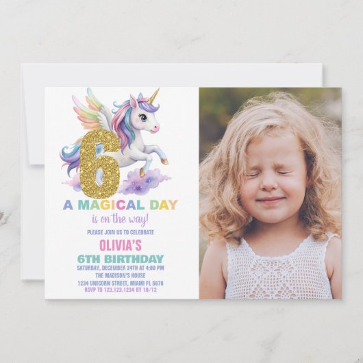 6e Rainbow Unicorn Invitations Anniversaire avec p (Devant)