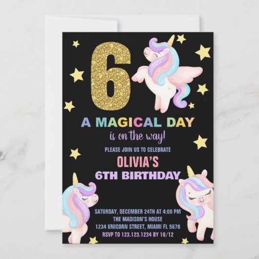 6e Rainbow Unicorn Invitations Anniversaire Vol (Devant)