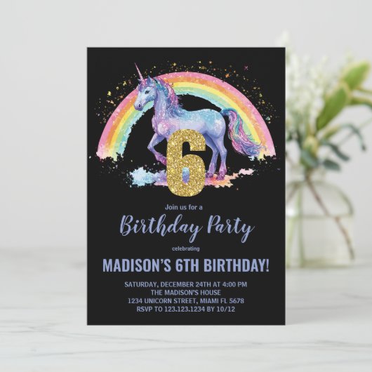 6e Rainbow Unicorn Invitations d'anniversaire (Debout devant)
