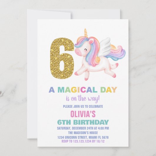 6e Rainbow Unicorn Invitations d'anniversaire (Devant)