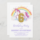 6e Rainbow Unicorn Invitations d'anniversaire (Devant / Derrière)