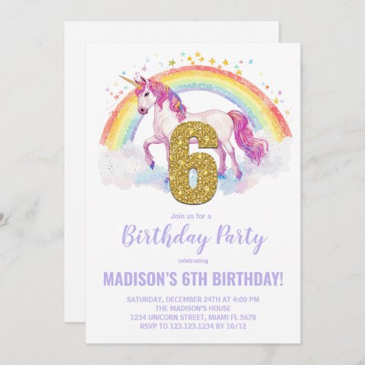 6e Rainbow Unicorn Invitations d'anniversaire (Devant / Derrière)