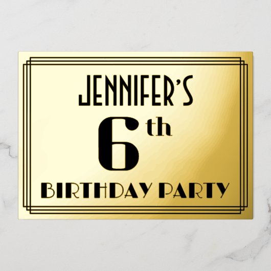 6e verjaardag: Art Deco Kijk "6" en naam Folie Uitnodiging (Voorkant)