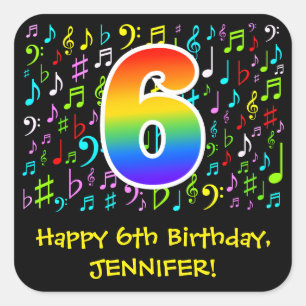 6e verjaardag: Colorful Music Symbols, regenboog 6 Vierkante Sticker