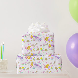 6e Verjaardag Eenhoorn Patroon Wit Cadeaupapier