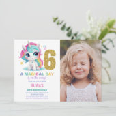 6e Verjaardag Eenhoorn Verjaardag Uitnodigingen fo (Staand voorkant)