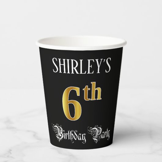 6e verjaardag — Fancy script, Faux Gold look Papieren Bekers (Achterkant)