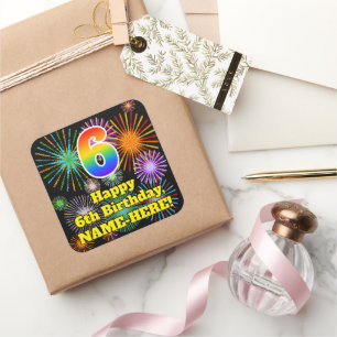 6e verjaardag: Fun Fireworks Kijk, regenboog # 6 Vierkante Sticker