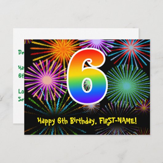 6e verjaardag - Fun Fireworks Pattern + Rainbow 6 Briefkaart (Voorkant / Achterkant)