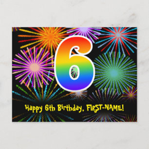 6e verjaardag - Fun Fireworks Pattern + Rainbow 6 Briefkaart