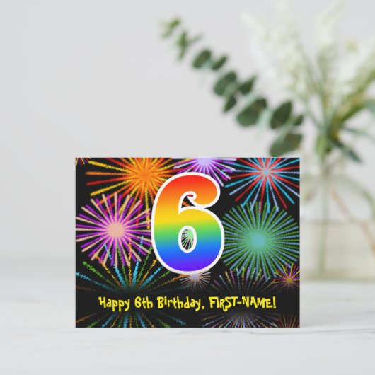6e verjaardag - Fun Fireworks Pattern + Rainbow 6 Briefkaart (Staand voorkant)