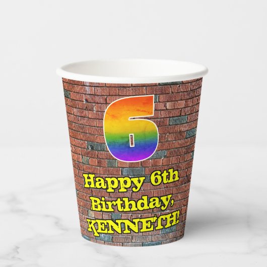 6e verjaardag: Fun Graffiti-geïnspireerde regenboo Papieren Bekers (Voorkant)