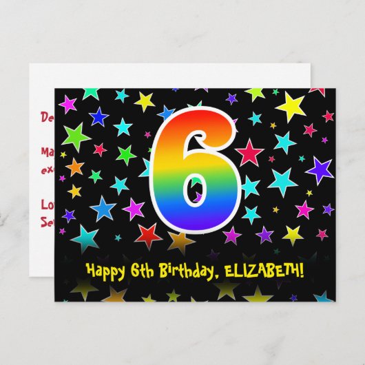 6e verjaardag: Fun sterren patroon, Regenboog 6, N Briefkaart (Voorkant / Achterkant)