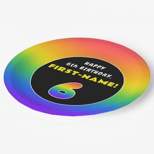 6e verjaardag: kleurrijke regenboog # 6, aangepast papieren bordje (Gekanteld)