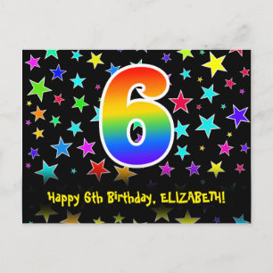 6e verjaardag: leuk sterrenpatroon, regenboog 6, n briefkaart