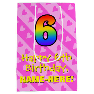 6e verjaardag: Leuke roze harten Strepen & Regenbo Medium Cadeauzakje