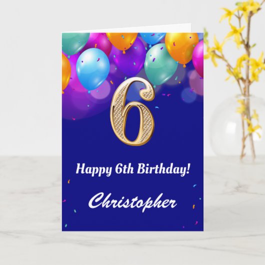 6e verjaardag marinenblauw en goudkleurige ballonn kaart (Gele Bloem)