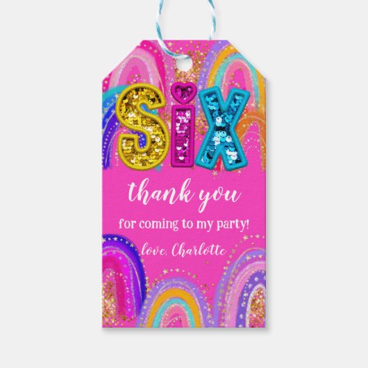 6e verjaardag Rainbow Hot Pink Party Cadeaulabel (Voorkant)