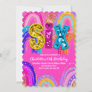 6e verjaardag Rainbow Hot Pink Party Uitnodiging