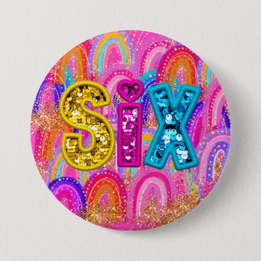 6e verjaardag Rainbow Sequin Pink Ronde Button 7,6 Cm (Voorkant)
