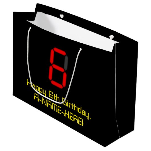6e verjaardag: Red Digital Clock Style "6" + naam Groot Cadeauzakje (Voorkant Gekanteld)
