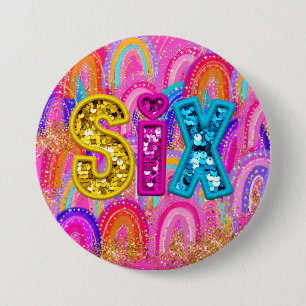 6e verjaardag regenboog pailletten roze ronde button 7,6 cm
