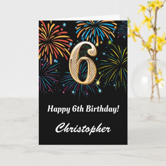 6e verjaardag regenboogvuurwerk zwart en goud kaart (Gele Bloem)