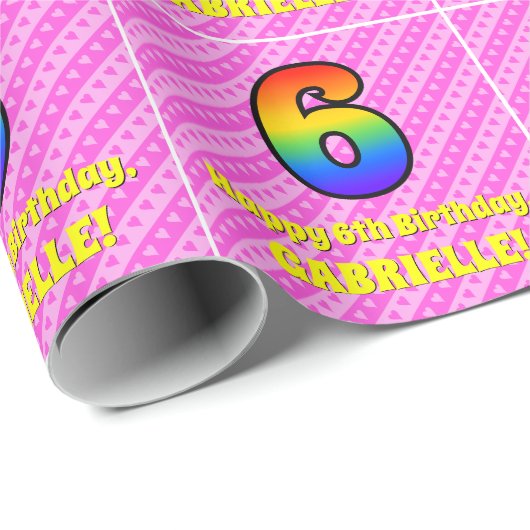 6e verjaardag: roze strepen & harten, regenboog # cadeaupapier (Rol Hoek)
