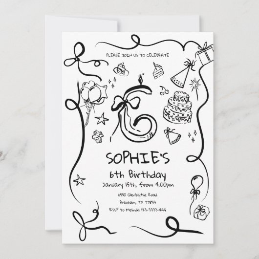 6e verjaardag uitnodiging, met de hand getekend 6e kaart (Voorkant)