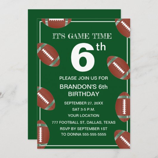 6e Verjaardagsfeest Football Groene Sport Kinder J Kaart (Voorkant / Achterkant)