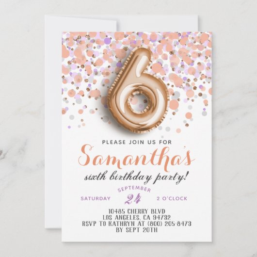 6ème Invitation d'anniversaire Rose Gold (Devant)