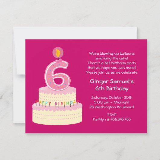 6ème Invitation simple de gâteau d'anniversaire (Devant)
