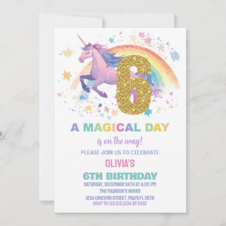 6ème Unicorn Invitations d'anniversaire