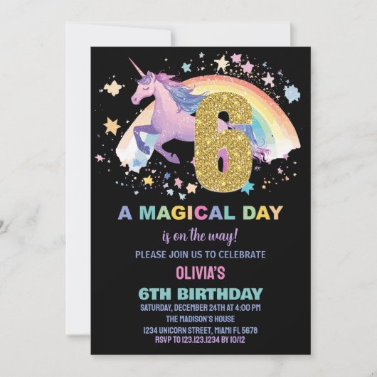 6ème Unicorn Invitations d'anniversaire (Devant)
