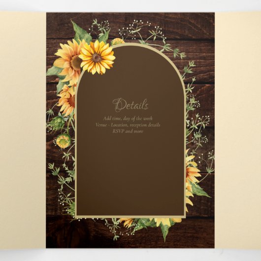 6pg Rustic Wood Sunflower Thed Wedding Programme Drieluik Uitnodiging (Binnenkant midden)