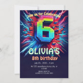 6th Birthday Boy Pixel neon Invitation Kaart (Voorkant)