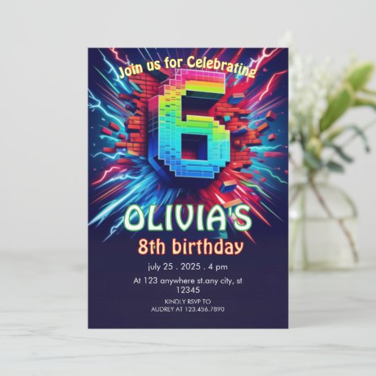 6th Birthday Boy Pixel neon Invitation Kaart (Staand voorkant)