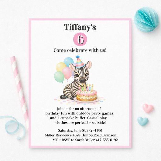6th Birthday Celebration Zebra Party Invitation Kaart