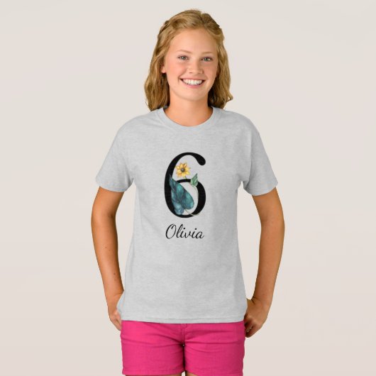 6th Birthday Floral Personal Name T-Shirt (Voorkant volledig)