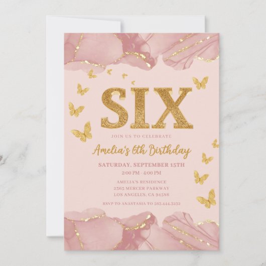 6th Birthday Invitation Pink Gold Glitter Girl Kaart (Voorkant)