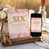 6th Birthday Invitation Pink Gold Glitter Girl Kaart