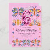 6th Birthday Pink Butterfly Kaart (Voorkant / Achterkant)