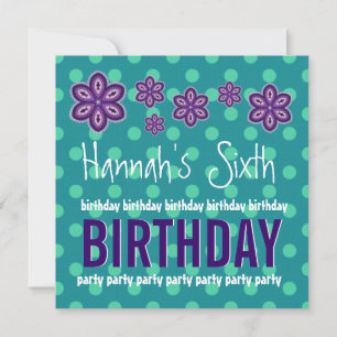 6th Birthday Purple Flowers Polka Dots Custom V11 Kaart