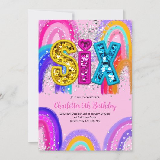 6th Birthday Sequin Rainbow Party Invitation (Devant)