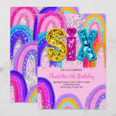 6th Birthday Sequin Rainbow Party Invitation Kaart (Voorkant / Achterkant)