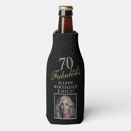 70 en Fabulous Elegant Black Photo 70th Birthday Flesjeskoeler (Fles Voorkant)