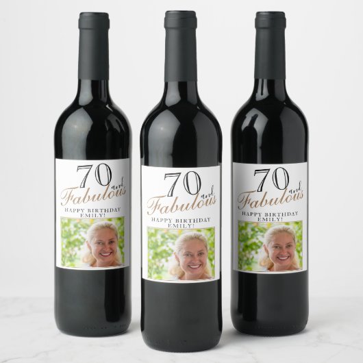 70 en Fabulous Elegant Script Photo 70th Birthday Wijn Etiket (Flessen)