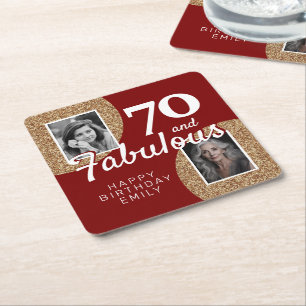 70 en Fabulous Gouden Glitter 2 Foto 70ste Verjaar Vierkante Kartonnen Onderzetter