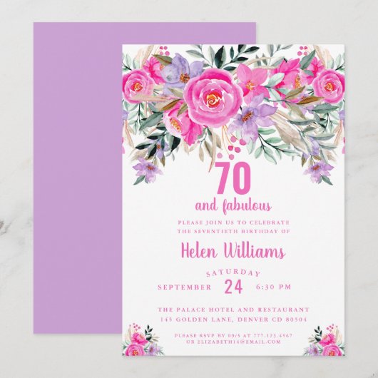 70 en fabulous roze 70e verjaardag uitnodiging (Voorkant / Achterkant)